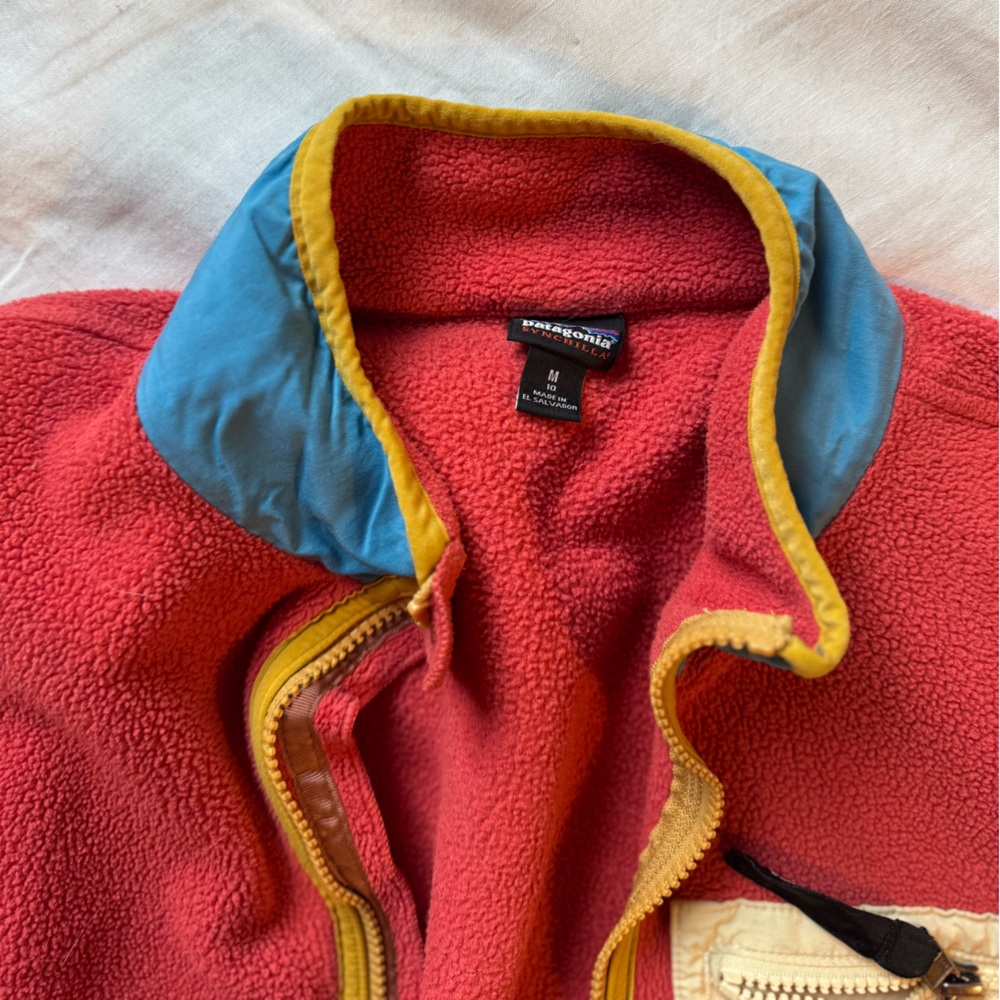 Patagonia Red Fleece Jacket with Blue Panels and Yellow Trim